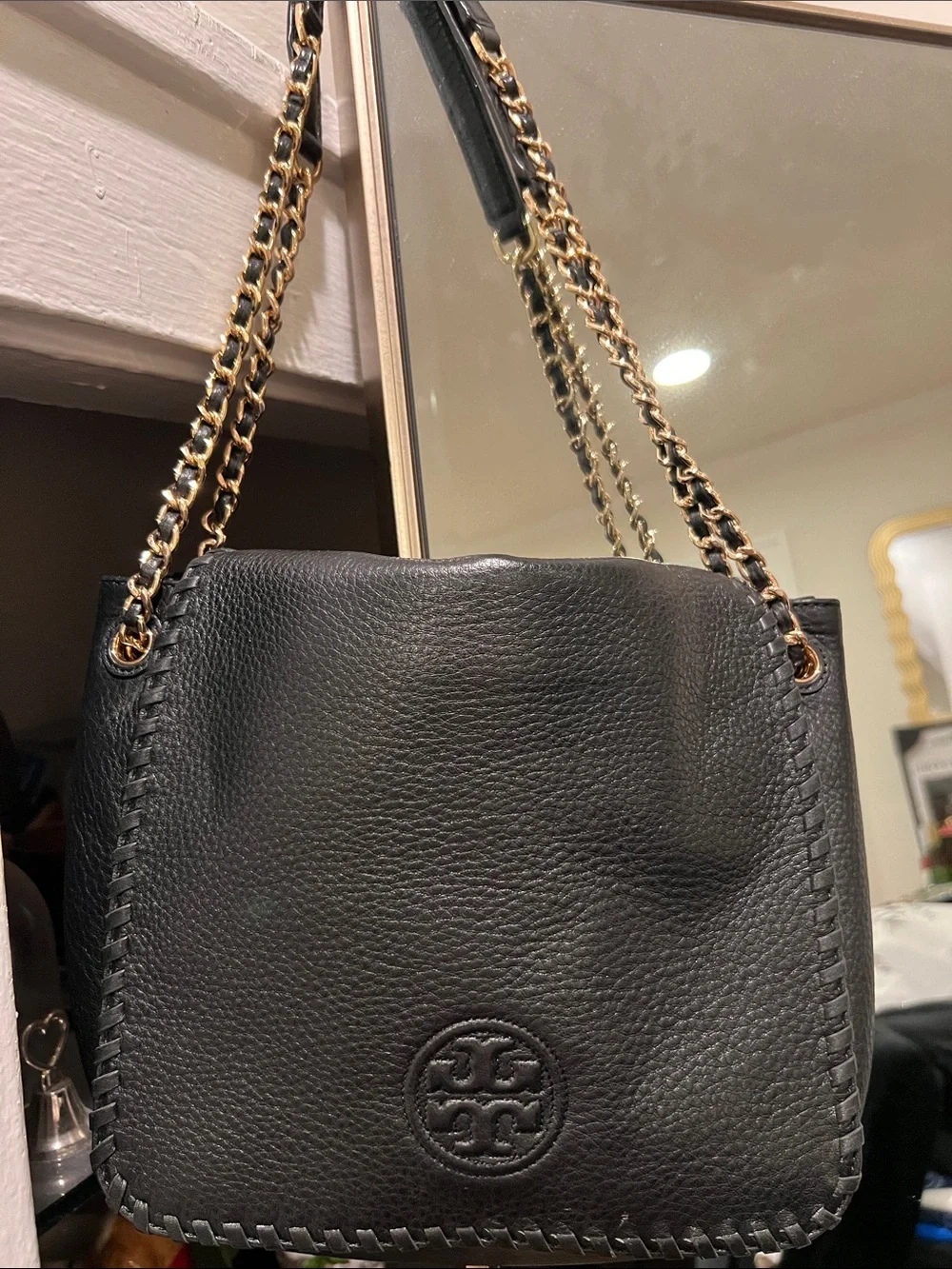 Tory Burch Black Leather Chain-Trim Shoulder Bag